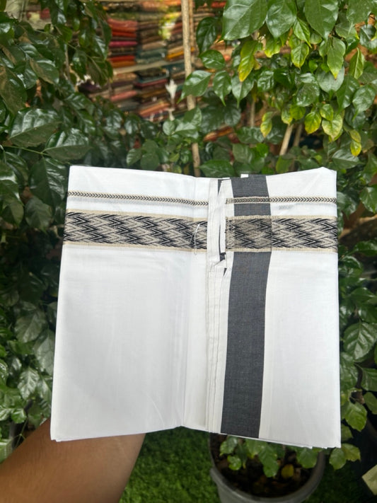 20% Discount! KaithariKada Balaramapuram 100% Cotton Double Pure white Mundu/Dhoti - 100x80 - 1.5 Inch Silver Kasav Black jacquard pattern Kara - 6 KK5291 KAI