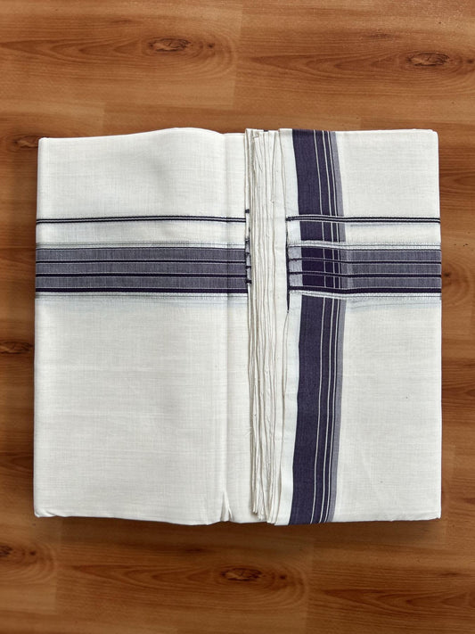 Double Off White (Unbleached) Mundu/Dhoti - 25% Discount! KaithariKada Handloom Unakkupaav Kerala Handloom - Pure Cotton - 80x90 - 1.25 Inch Silver Kasav & Dark Purple Shaded Striped Kara  4 Mtr (8.5 Muzham) - 22 KK5438 YAR