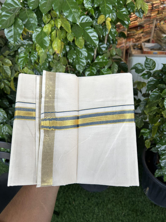 20% Discount! KaithariKada Balaramapuram 100% Cotton Double Off white - (Unbleached) - Mundu/Dhoti - 100x100 - 1 inch Gold Kasav & Blue Jacquard Design Kara 4 mtr (8.5 muzham) - 69 KK5357 VAS