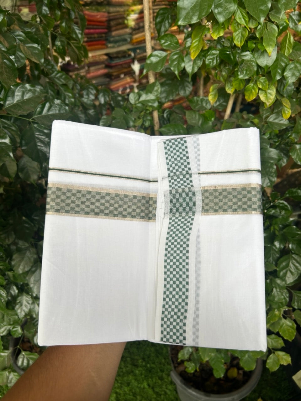 20% Discount! KaithariKada Balaramapuram 100% Cotton Double Pure white Mundu/Dhoti - 100x80 - 1.5 Inch Silver Kasav Green jacquard pattern Kara - 5 KK5291 KAI