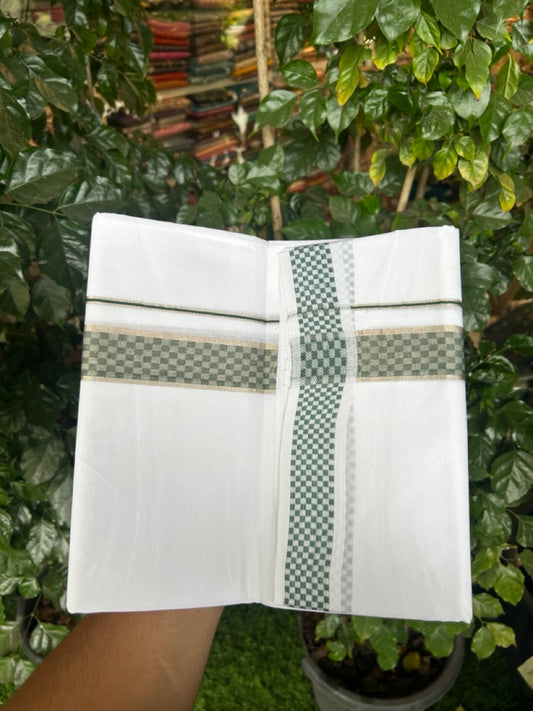 20% Discount! KaithariKada Balaramapuram 100% Cotton Double Pure white Mundu/Dhoti - 100x80 - 1.5 Inch Silver Kasav Green jacquard pattern Kara - 5 KK5291 KAI