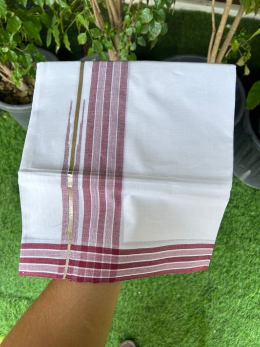 28% DISCOUNT!! Kaitharikada Balaramapuram 100% Cotton PURE WHITE Double Mundu/Dothi - 100X80 - 1.75 Inch Silver Maroon Stripes Chutty Kara - 17KK5155THI