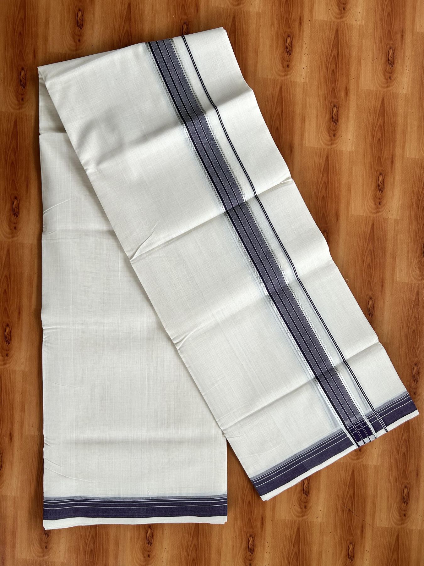 Double Off White (Unbleached) Mundu/Dhoti - 25% Discount! KaithariKada Handloom Unakkupaav Kerala Handloom - Pure Cotton - 80x90 - 1.25 Inch Silver Kasav & Dark Purple Shaded Striped Kara  4 Mtr (8.5 Muzham) - 22 KK5438 YAR