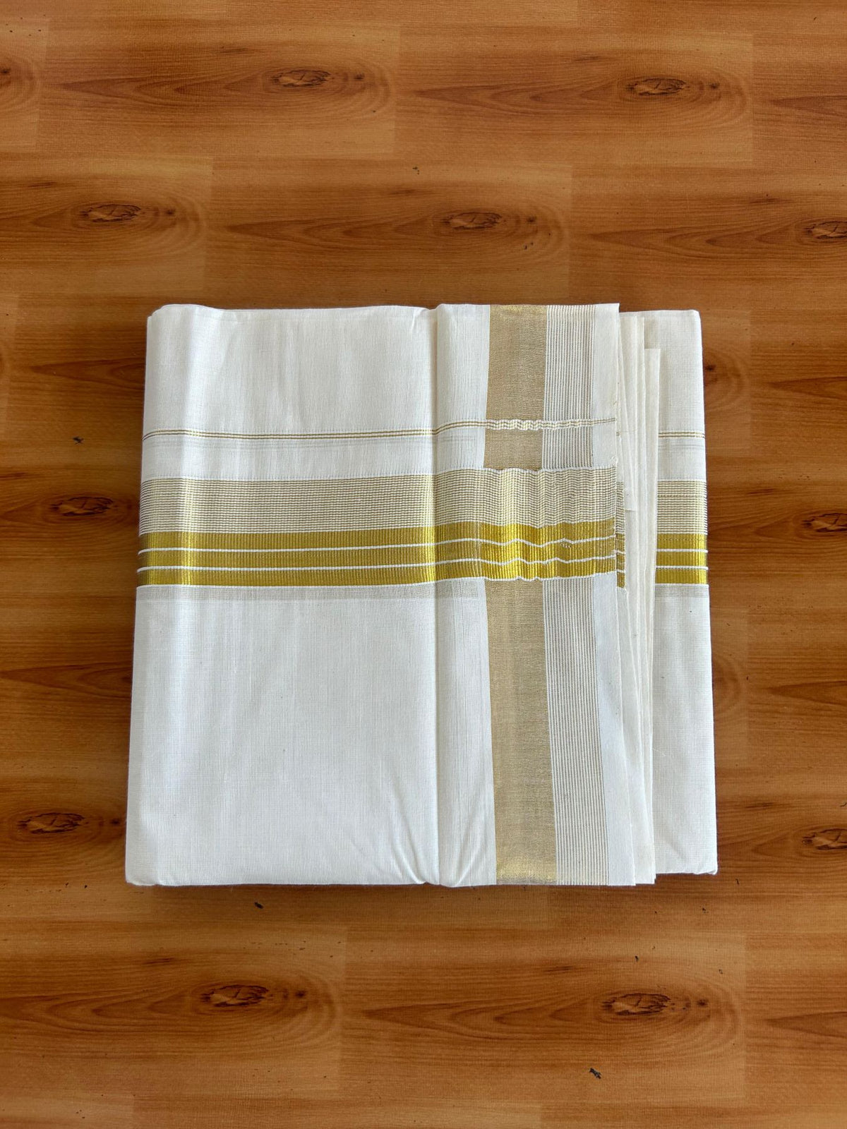 Double Off White (Unbleached) Mundu/Dhoti - 20% Discount! KaithariKada Pulimood Mixed Cotton - 80x72 - 1.75 inch Gold Kasav Striped Kara 4 mtr (8.5 muzham) - 25 KK5552 VIN