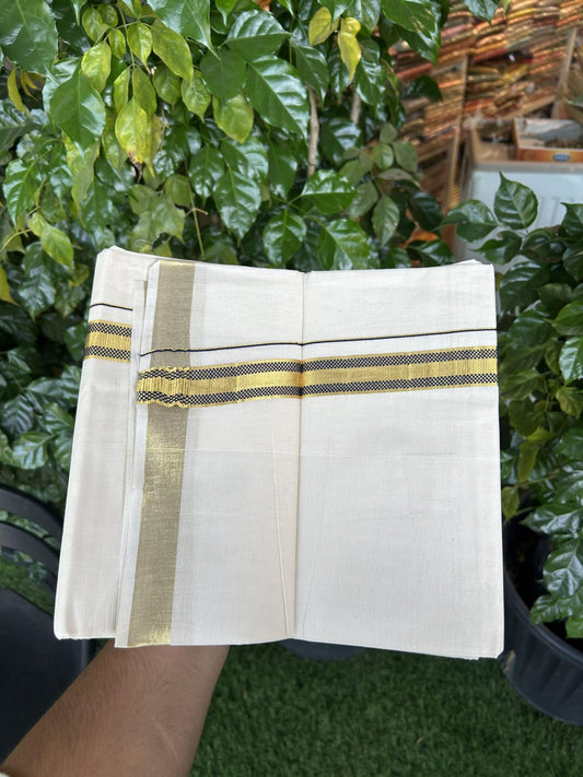 20% Discount! KaithariKada Balaramapuram 100% Cotton Double Off white - (Unbleached) - Mundu/Dhoti - 100x100 - 1 inch Gold Kasav & Dark Navy Blue Jacquard Design Kara 4 mtr (8.5 muzham) - 67 KK5357 VAS