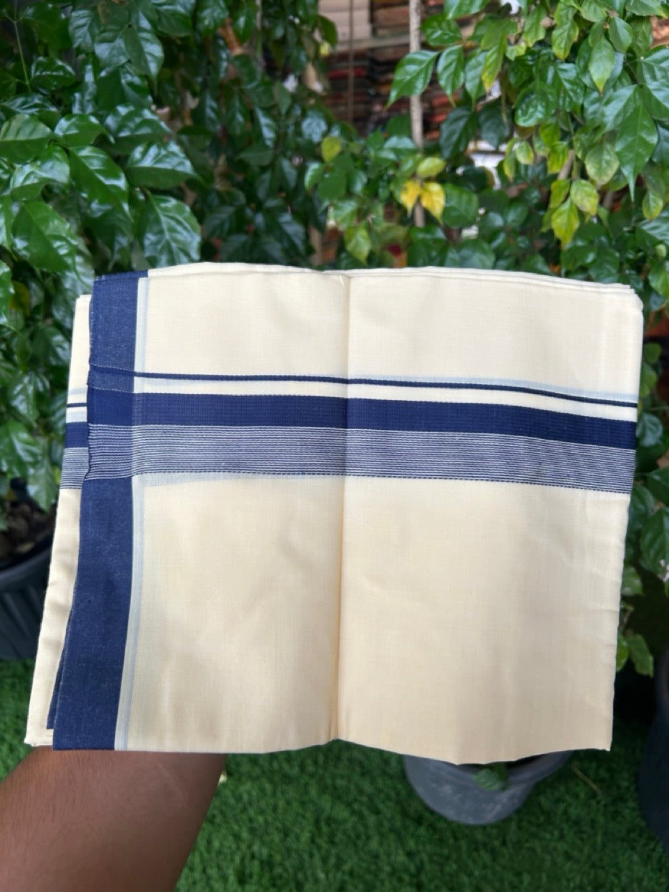 Kannur Yellow Dhoti - 31% Discount! KaithariKada Balaramapuram  Double Mundu/Dhoti - 80x60 - 50% Cotton & 50% Polyester - Kannur Yellow colour Body Navy Blue striped Kara - 4 mtr - 12 KK5276 VAS