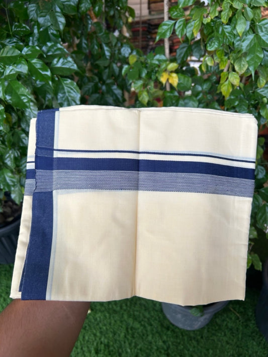 Kannur Yellow Dhoti - 31% Discount! KaithariKada Balaramapuram  Double Mundu/Dhoti - 80x60 - 50% Cotton & 50% Polyester - Kannur Yellow colour Body Navy Blue striped Kara - 4 mtr - 12 KK5276 VAS
