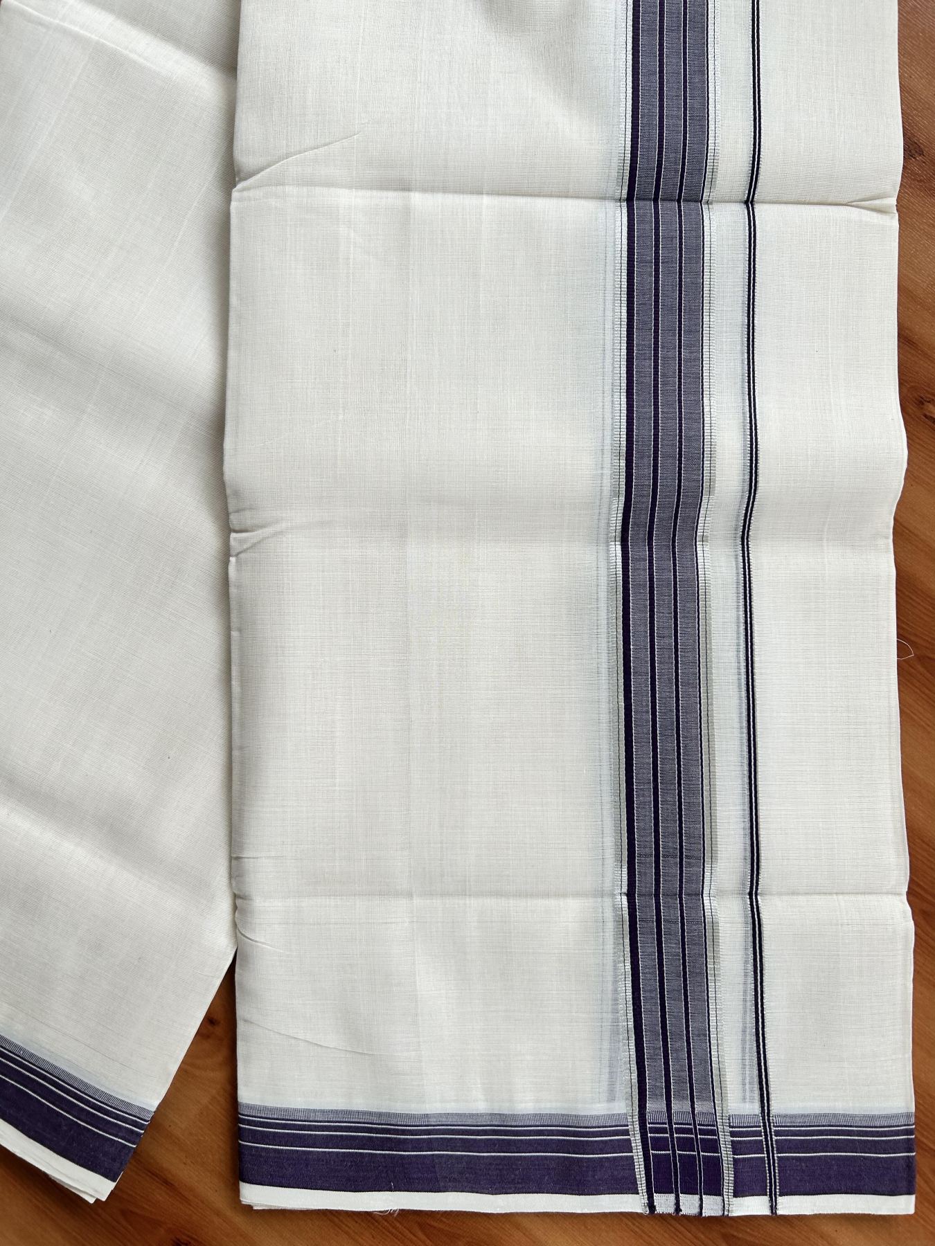 Double Off White (Unbleached) Mundu/Dhoti - 25% Discount! KaithariKada Handloom Unakkupaav Kerala Handloom - Pure Cotton - 80x90 - 1.25 Inch Silver Kasav & Dark Purple Shaded Striped Kara  4 Mtr (8.5 Muzham) - 22 KK5438 YAR