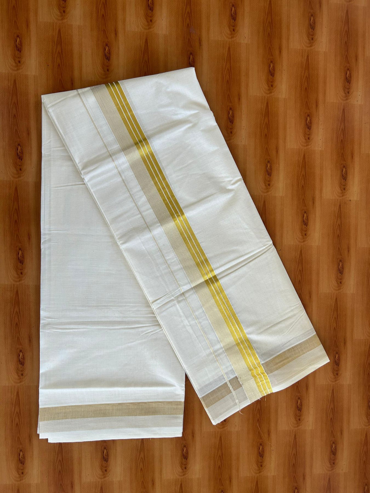 Double Off White (Unbleached) Mundu/Dhoti - 20% Discount! KaithariKada Pulimood Mixed Cotton - 80x72 - 1.75 inch Gold Kasav Striped Kara 4 mtr (8.5 muzham) - 25 KK5552 VIN