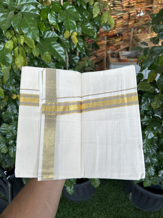 20% Discount! KaithariKada Balaramapuram 100% Cotton Double Off white - (Unbleached) - Mundu/Dhoti - 100x100 - 1 inch Gold Kasav & Grey Jacquard Design Kara 4 mtr (8.5 muzham) - 64 KK5357 VAS
