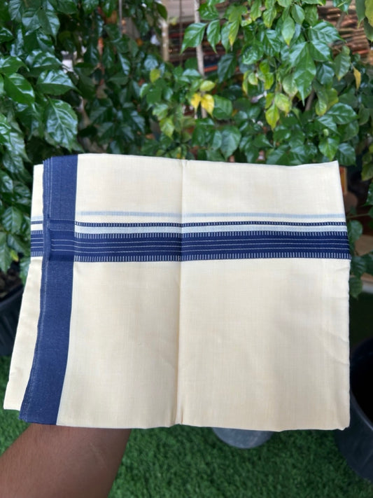 Kannur Yellow Dhoti - 31% Discount! KaithariKada Balaramapuram  Double Mundu/Dhoti - 80x60 - 50% Cotton & 50% Polyester - Kannur Yellow colour Body Navy Blue pattern Kara - 4 mtr - 11 KK5276 VAS