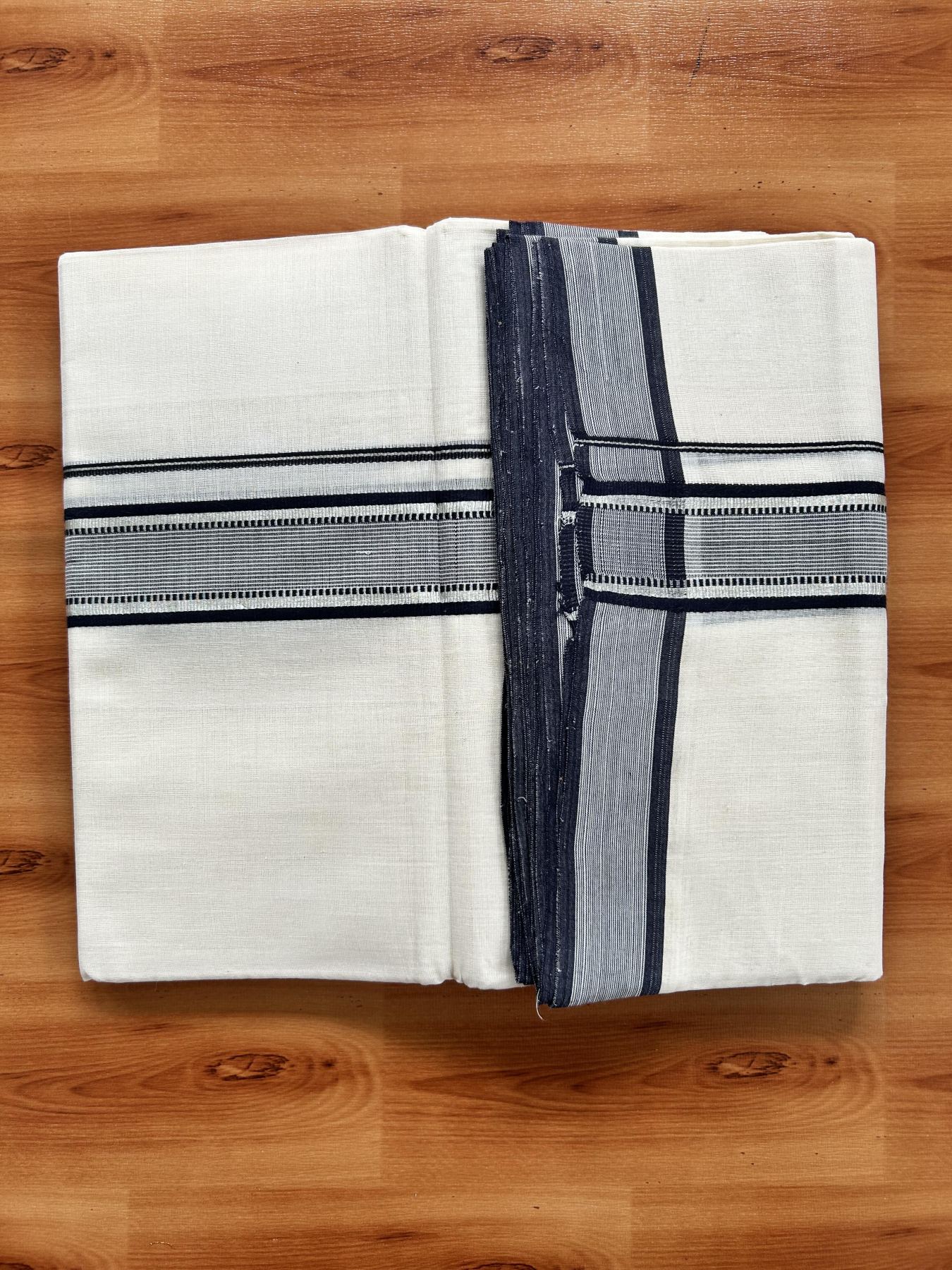 Double Off White (Unbleached) Mundu/Dhoti - 25% Discount! KaithariKada Handloom Unakkupaav Kerala Handloom - Pure Cotton - 80x90 - 1.5 Inch Silver Kasav & Navy Blue Striped Kara  4 Mtr (8.5 Muzham) - 17 KK5438 YAR