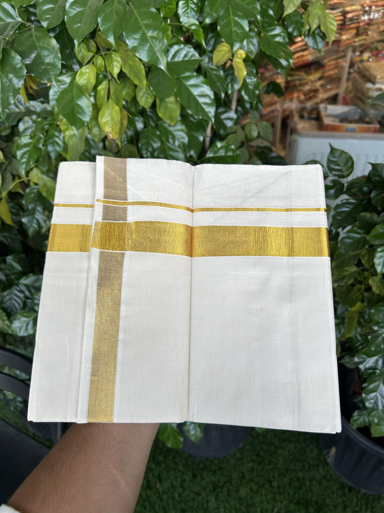 20% Discount! KaithariKada Balaramapuram 100% Cotton Double Off white - (Unbleached) - Mundu/Dhoti - 80s - 1 inch Gold Kasav Kara 4 mtr (8.5 muzham) - 60 KK5357 VAS