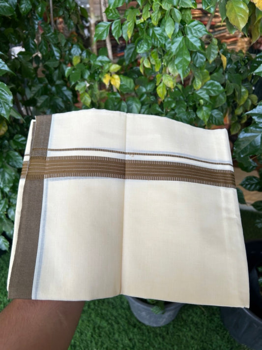 Kannur Yellow Dhoti - 31% Discount! KaithariKada Balaramapuram  Double Mundu/Dhoti - 80x60 - 50% Cotton & 50% Polyester - Kannur Yellow colour Body Brown striped Kara - 4 mtr - 7 KK5276 VAS