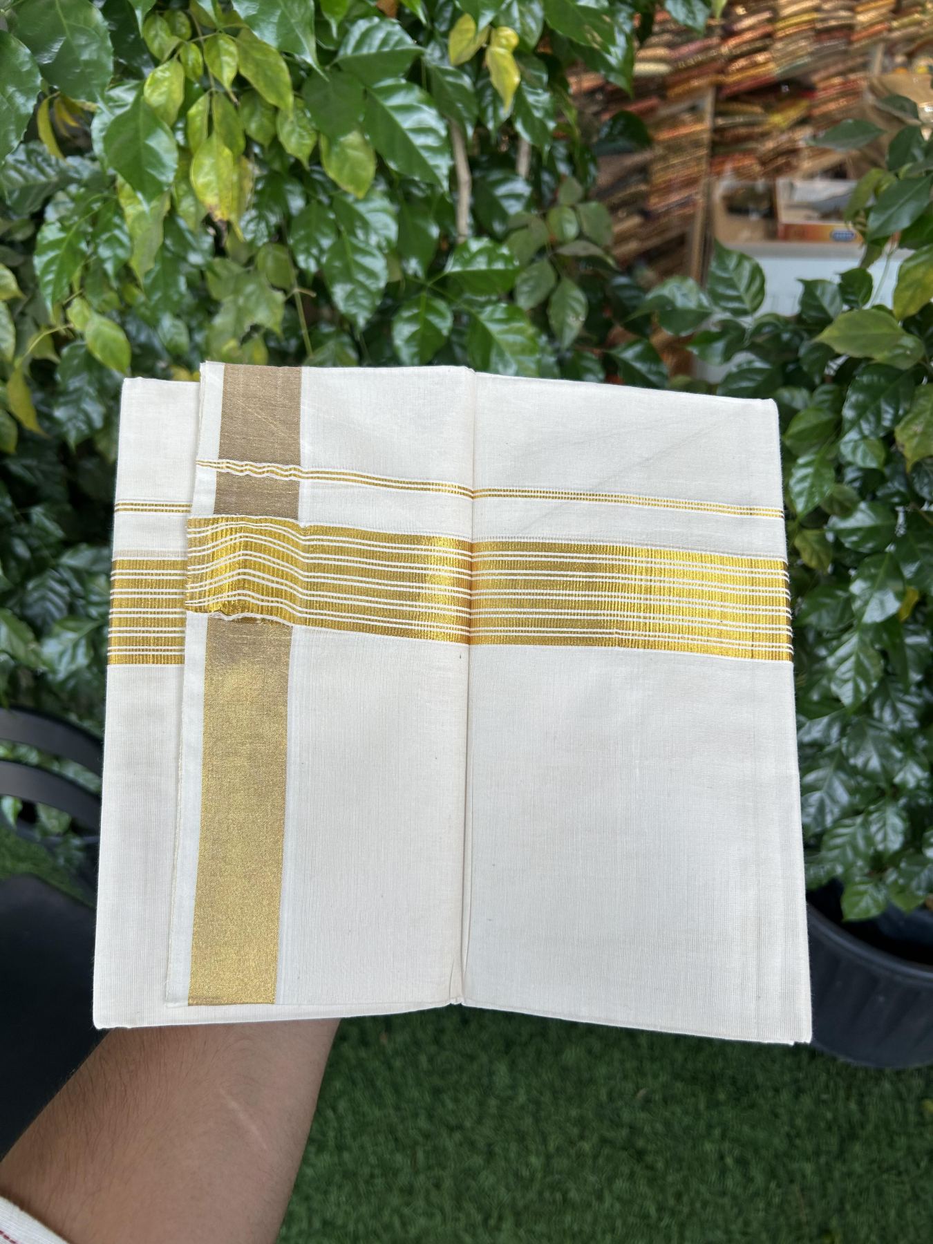 20% Discount! KaithariKada Balaramapuram 100% Cotton Double Off white - (Unbleached) - Mundu/Dhoti - 80s - 1.75 inch Gold Kasav Stripes Kara 4 mtr (8.5 muzham) - 62 KK5357 VAS