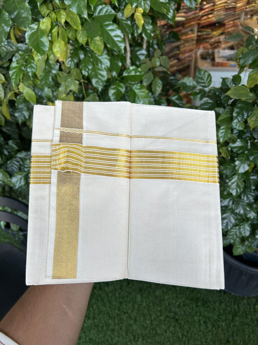 20% Discount! KaithariKada Balaramapuram 100% Cotton Double Off white - (Unbleached) - Mundu/Dhoti - 80s - 1.75 inch Gold Kasav Stripes Kara 4 mtr (8.5 muzham) - 62 KK5357 VAS