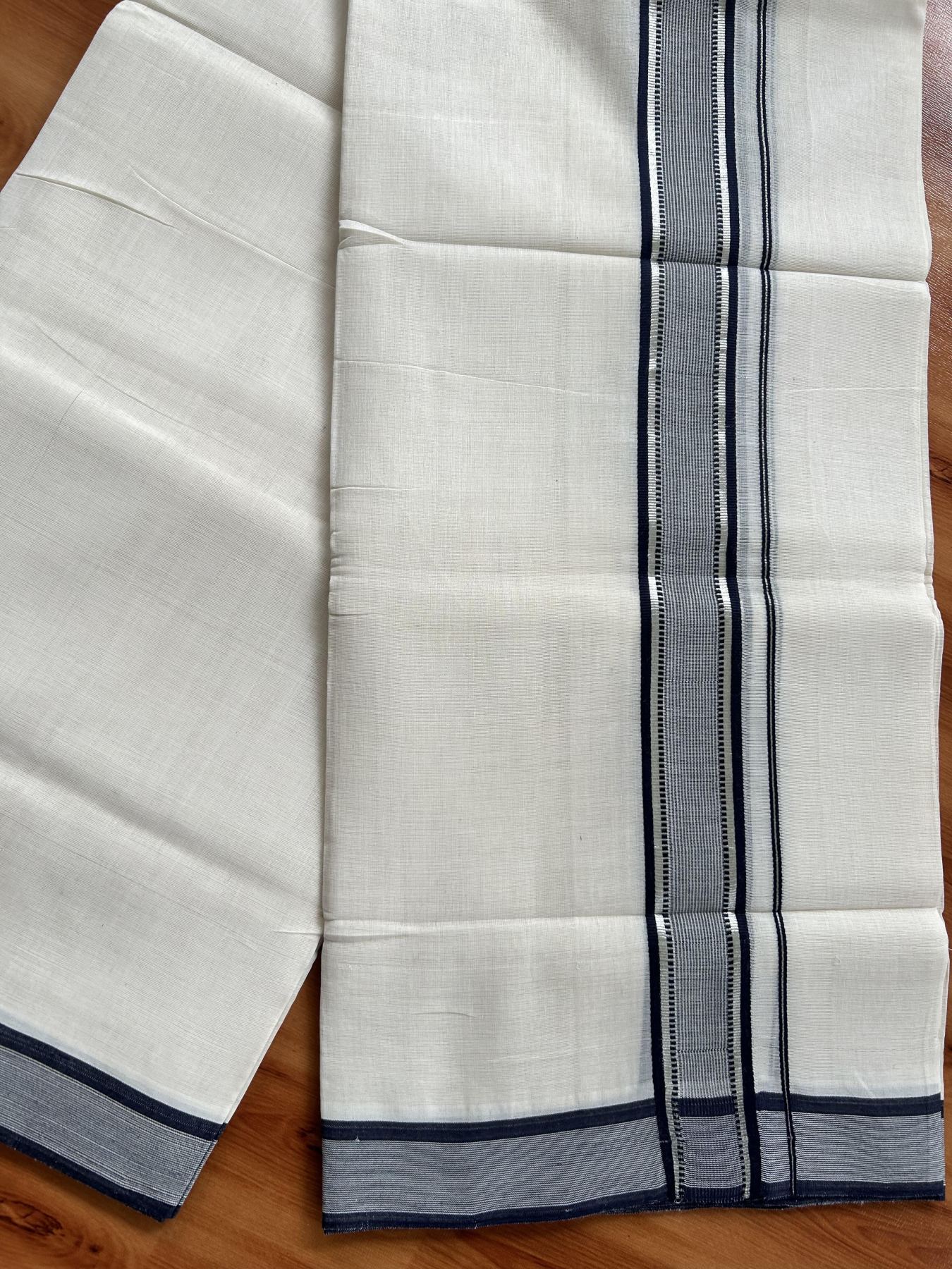 Double Off White (Unbleached) Mundu/Dhoti - 25% Discount! KaithariKada Handloom Unakkupaav Kerala Handloom - Pure Cotton - 80x90 - 1.5 Inch Silver Kasav & Navy Blue Striped Kara  4 Mtr (8.5 Muzham) - 17 KK5438 YAR