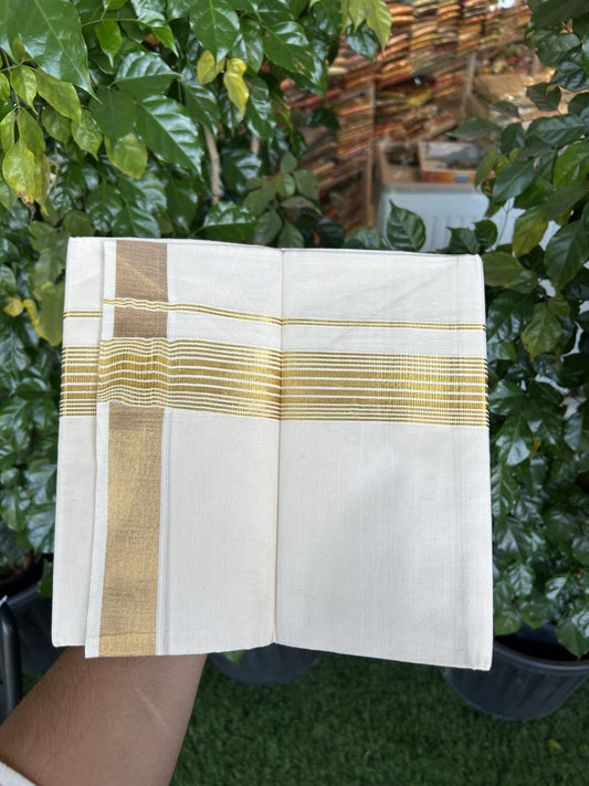 20% Discount! KaithariKada Balaramapuram 100% Cotton Double Off white - (Unbleached) - Mundu/Dhoti - 80s - 1.75 inch Gold Kasav Stripes Kara 4 mtr (8.5 muzham) - 61 KK5357 VAS