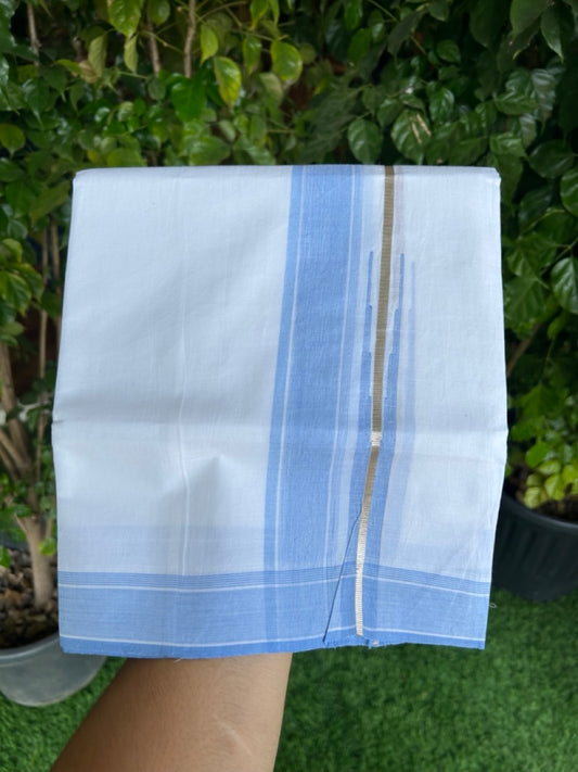 28% DISCOUNT!! Kaitharikada Balaramapuram 100% Cotton PURE WHITE Double Mundu/Dothi - 100X80 - 1.5 Inch Silver kasavu Sky blue shaded striped chutty - 3KK5155THI