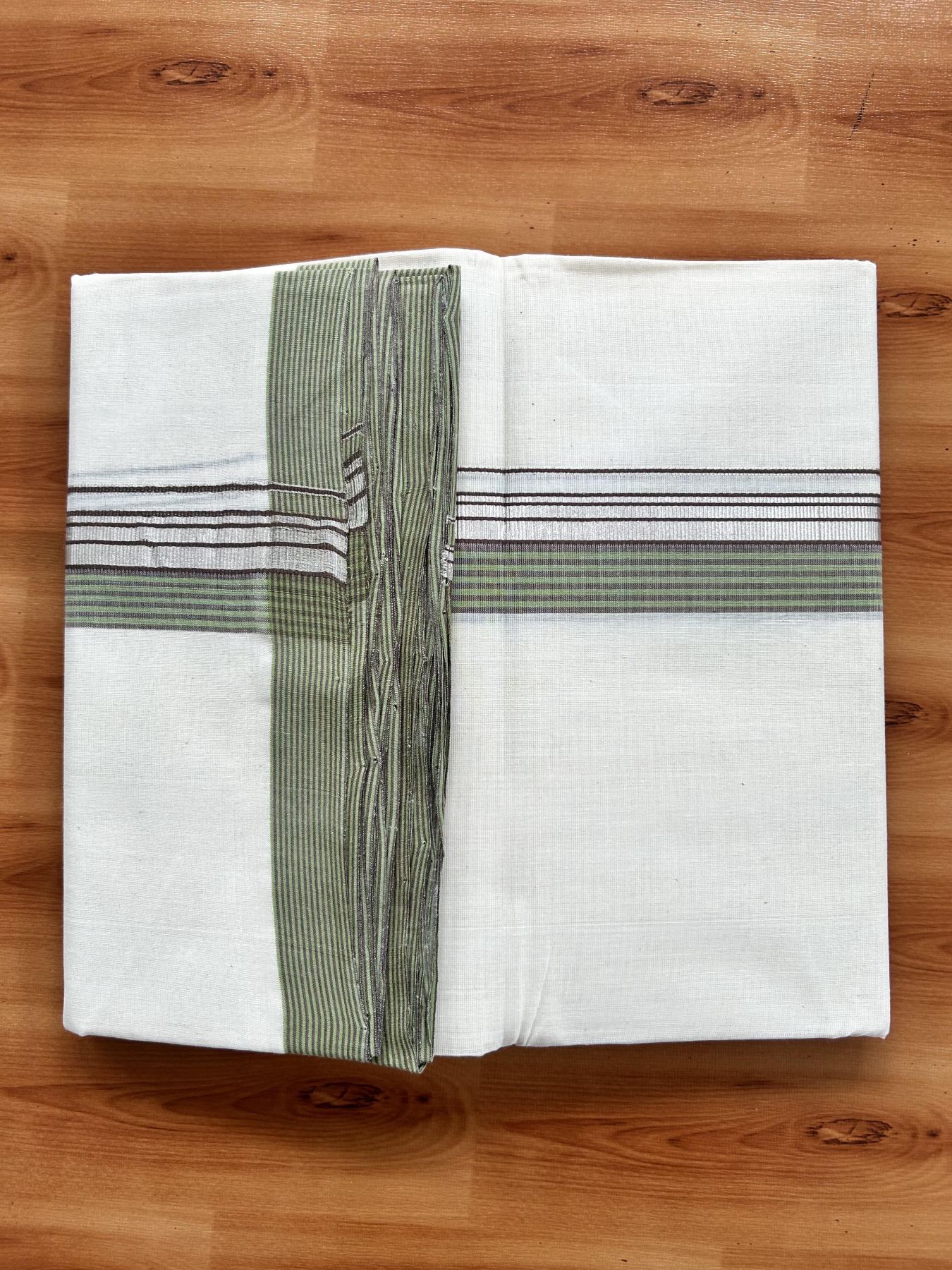 Double Off White (Unbleached) Mundu/Dhoti - 25% Discount! KaithariKada Handloom Unakkupaav Kerala Handloom - Pure Cotton - 80x90 - 1.5 Inch Silver Kasav & Light Green & Brown Striped Kara  4 Mtr (8.5 Muzham) - 21 KK5438 YAR