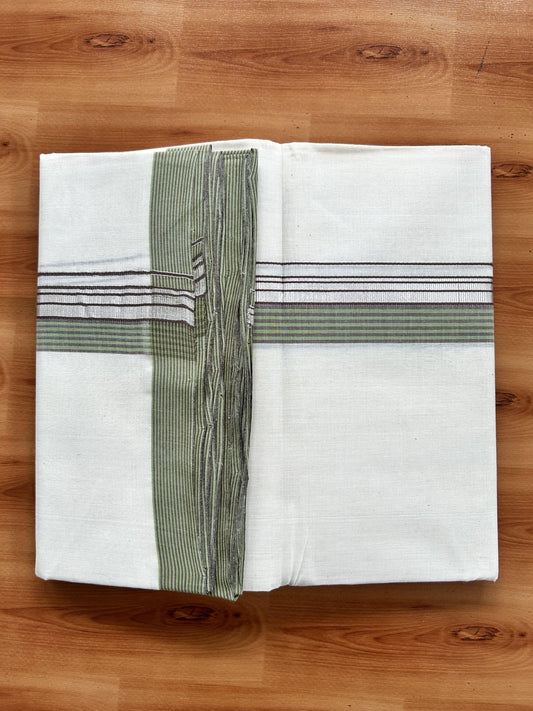 Double Off White (Unbleached) Mundu/Dhoti - 25% Discount! KaithariKada Handloom Unakkupaav Kerala Handloom - Pure Cotton - 80x90 - 1.5 Inch Silver Kasav & Light Green & Brown Striped Kara  4 Mtr (8.5 Muzham) - 21 KK5438 YAR
