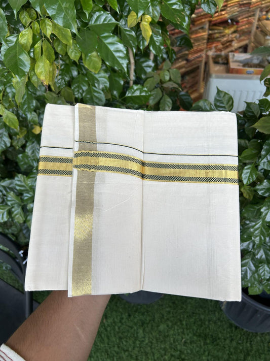 20% Discount! KaithariKada Balaramapuram 100% Cotton Double Off white - (Unbleached) - Mundu/Dhoti - 100x100 - 1 inch Gold Kasav & Dark Green Jacquard Design Kara 4 mtr (8.5 muzham) - 71 KK5357 VAS
