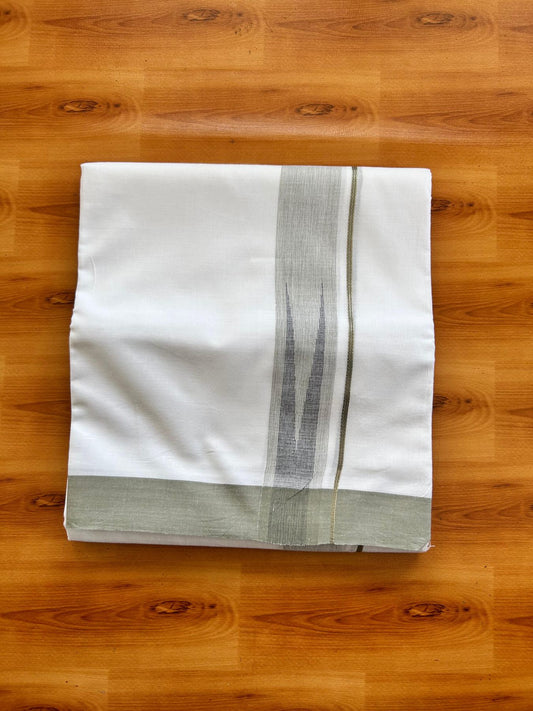 Double Pure White Mundu/Dhoti - 20% Discount !! KaithariKada Balaramapuram 100% Cotton - 100x80 - 1.5 inch Sage Green & Blue Silver Chutty Kara 3.80 mtr (8 muzham) - 1 KK5499 CKS