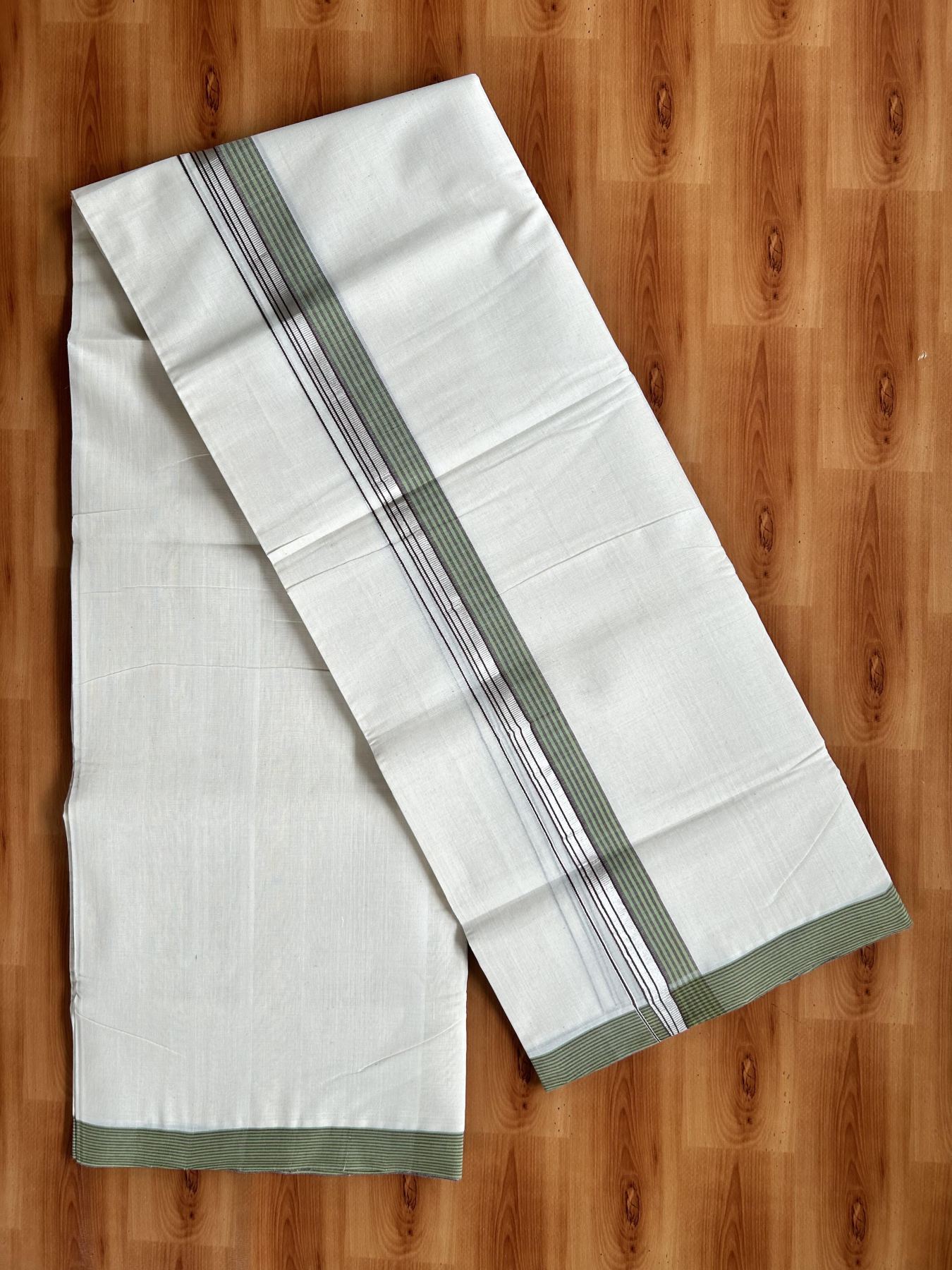 Double Off White (Unbleached) Mundu/Dhoti - 25% Discount! KaithariKada Handloom Unakkupaav Kerala Handloom - Pure Cotton - 80x90 - 1.5 Inch Silver Kasav & Light Green & Brown Striped Kara  4 Mtr (8.5 Muzham) - 21 KK5438 YAR