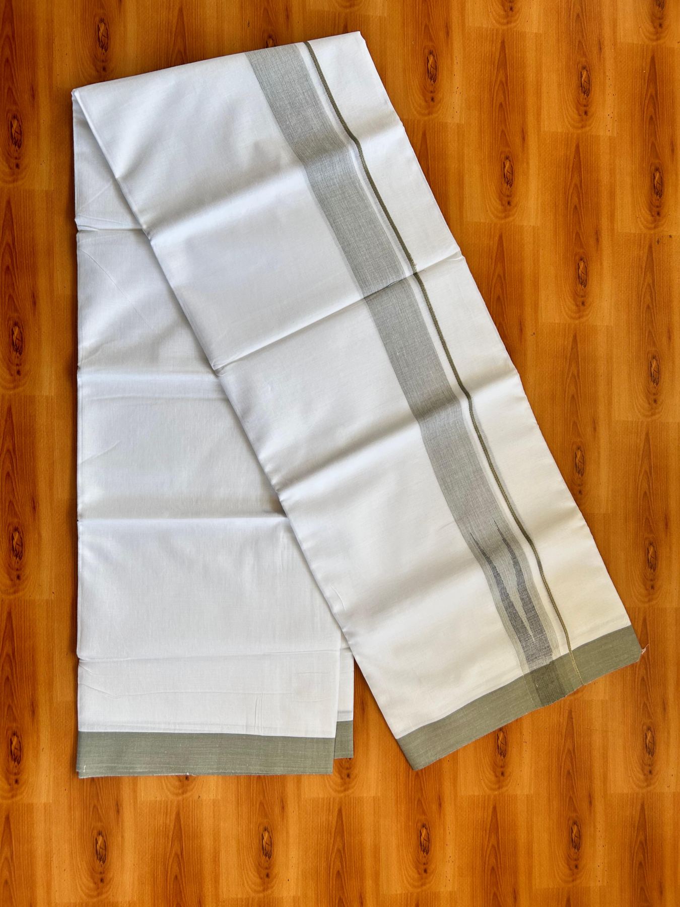 Double Pure White Mundu/Dhoti - 20% Discount !! KaithariKada Balaramapuram 100% Cotton - 100x80 - 1.5 inch Sage Green & Blue Silver Chutty Kara 3.80 mtr (8 muzham) - 1 KK5499 CKS