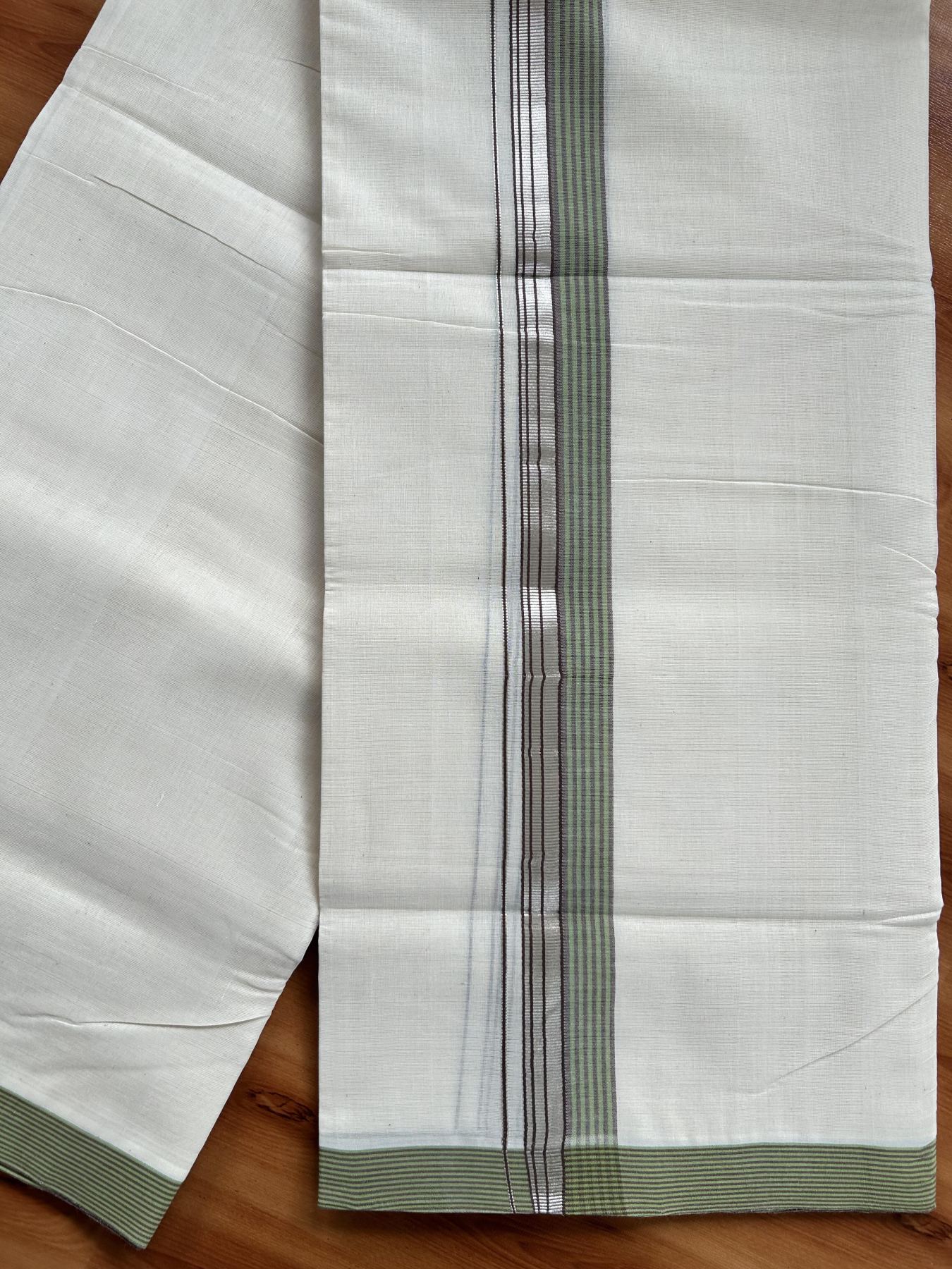 Double Off White (Unbleached) Mundu/Dhoti - 25% Discount! KaithariKada Handloom Unakkupaav Kerala Handloom - Pure Cotton - 80x90 - 1.5 Inch Silver Kasav & Light Green & Brown Striped Kara  4 Mtr (8.5 Muzham) - 21 KK5438 YAR