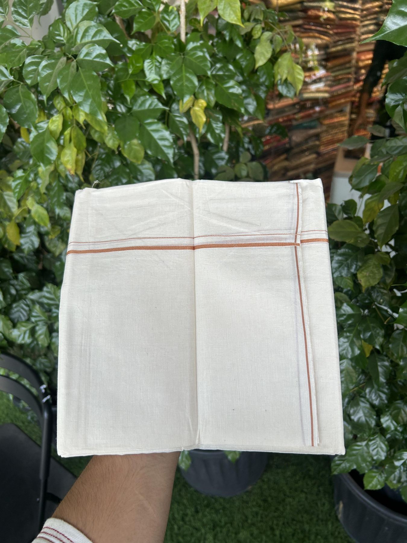 20% Discount! KaithariKada Balaramapuram 100% Cotton Double Off white - (Unbleached) - Mundu/Dhoti - 100x80 - 0.3 cm Cinnamon Brown Thin Kara 4 mtr (8.5 muzham) - 25 KK5357 VAS
