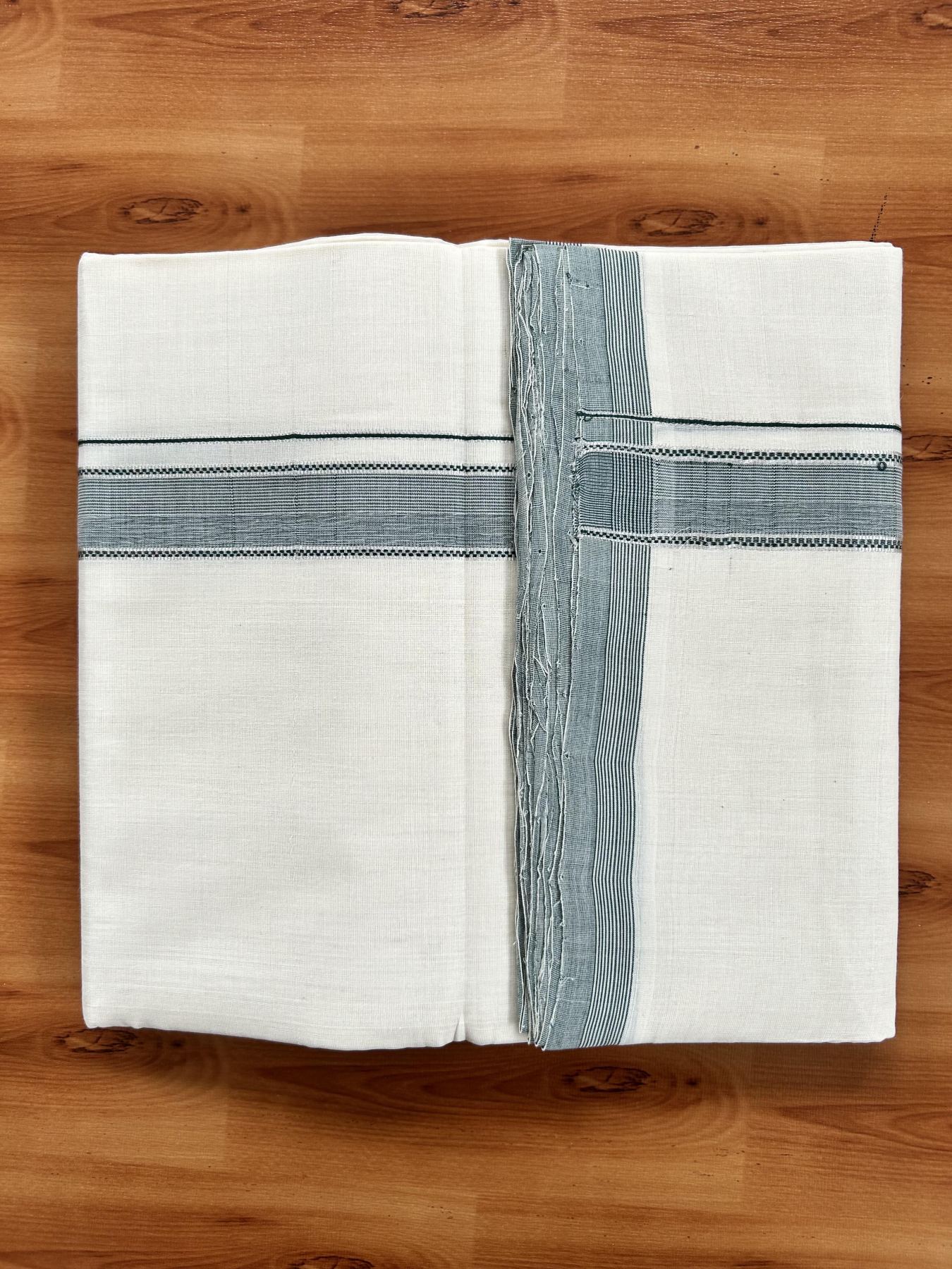 Double Off White (Unbleached) Mundu/Dhoti - 25% Discount! KaithariKada Handloom Unakkupaav Kerala Handloom - Pure Cotton - 80x90 - 1.25 Inch Silver Kasav & Green Striped Kara  4 Mtr (8.5 Muzham) - 24 KK5438 YAR