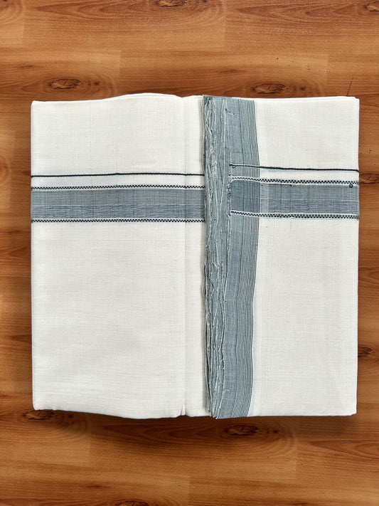Double Off White (Unbleached) Mundu/Dhoti - 25% Discount! KaithariKada Handloom Unakkupaav Kerala Handloom - Pure Cotton - 80x90 - 1.25 Inch Silver Kasav & Green Striped Kara  4 Mtr (8.5 Muzham) - 24 KK5438 YAR