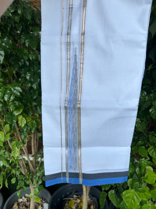 17% Discount!!! KaithariKada Balaramapuram  Double PURE HEAVY Mundu/Dhoti - 100X80 - 1.75 inch Silver Kasavu Black & Blue Shaded Striped Temple Chutty Kara - 17KK5154THI