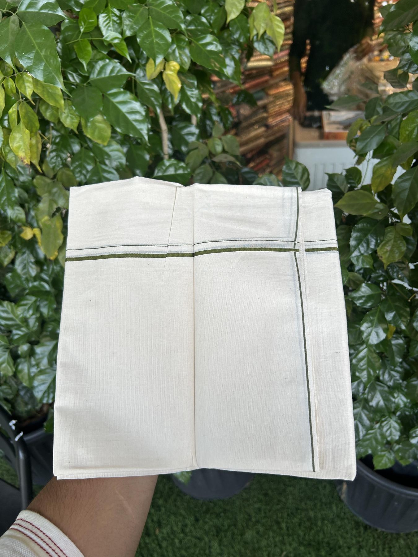 20% Discount! KaithariKada Balaramapuram 100% Cotton Double Off white - (Unbleached) - Mundu/Dhoti - 100x80 - 0.3 cm Olive Green Thin Kara 4 mtr (8.5 muzham) - 59 KK5357 VAS