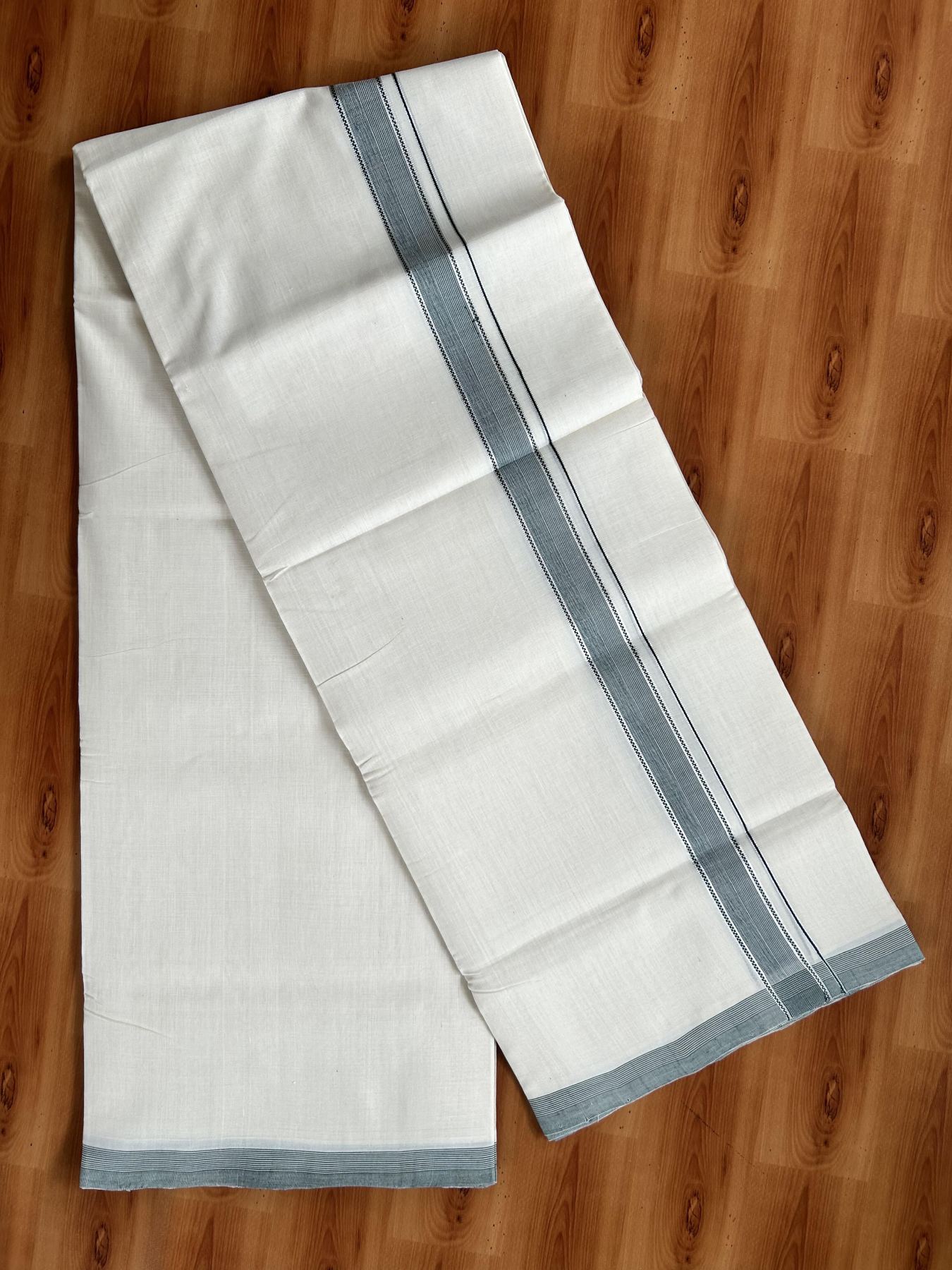 Double Off White (Unbleached) Mundu/Dhoti - 25% Discount! KaithariKada Handloom Unakkupaav Kerala Handloom - Pure Cotton - 80x90 - 1.25 Inch Silver Kasav & Green Striped Kara  4 Mtr (8.5 Muzham) - 24 KK5438 YAR