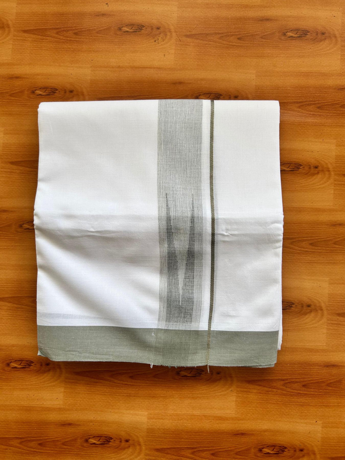 Double Pure White Mundu/Dhoti - 20% Discount !! KaithariKada Balaramapuram 100% Cotton - 100x80 - 1.25 inch Sage Green Silver Kasav Chutty Kara 3.80 mtr (8 muzham) - 15 KK5501 VAS