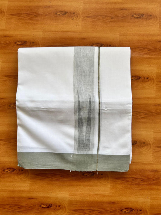 Double Pure White Mundu/Dhoti - 20% Discount !! KaithariKada Balaramapuram 100% Cotton - 100x80 - 1.25 inch Sage Green Silver Kasav Chutty Kara 3.80 mtr (8 muzham) - 15 KK5501 VAS