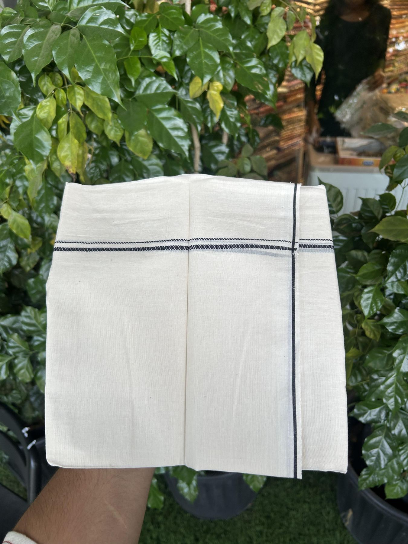 20% Discount! KaithariKada Balaramapuram 100% Cotton Double Off white - (Unbleached) - Mundu/Dhoti - 100x80 - 0.3 cm Black Design Thin Kara 4 mtr (8.5 muzham) - 24 KK5357 VAS