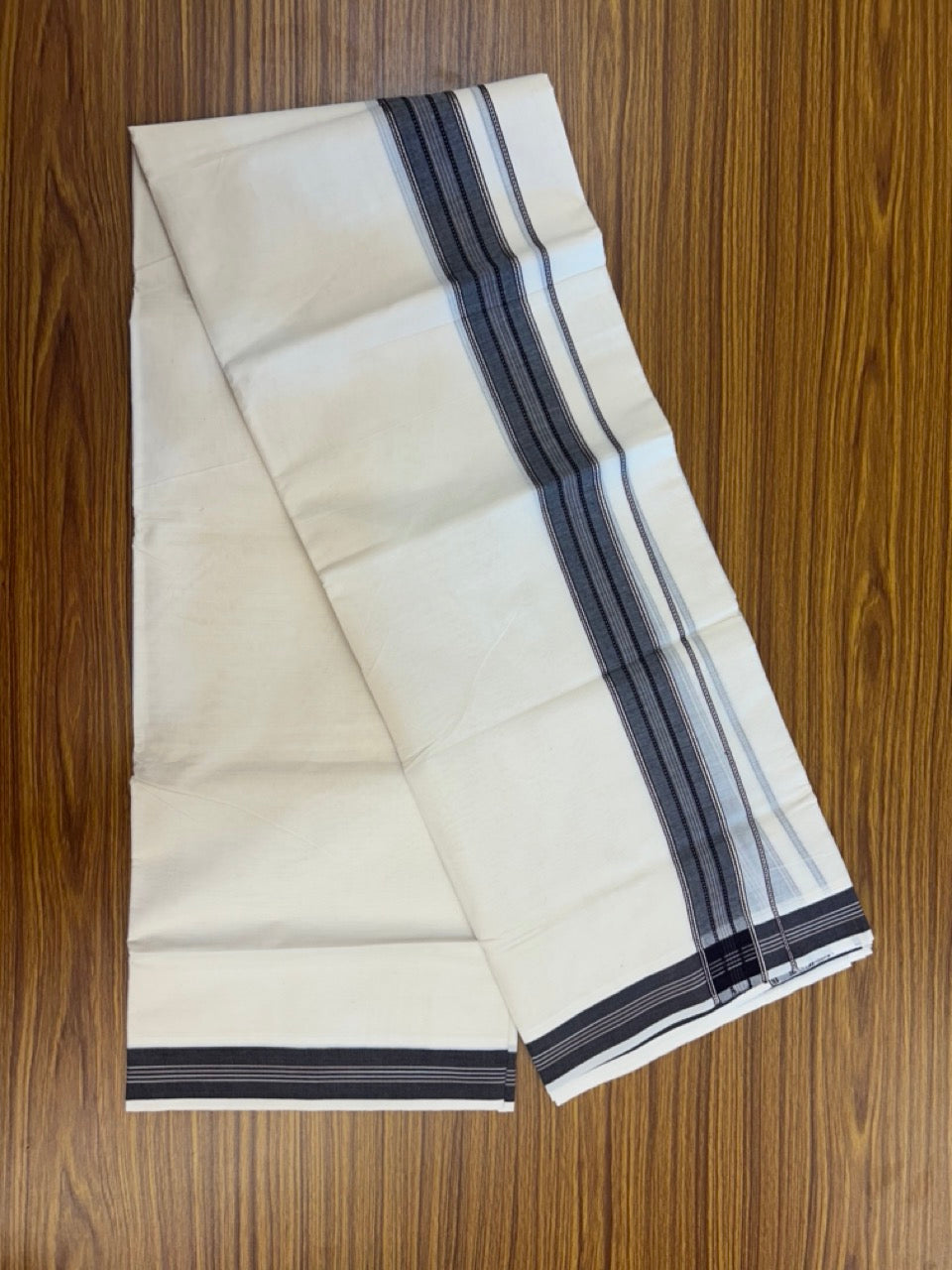 20% Discount ! Kaitharikada Balaramapuram 100% Cotton Off White Double Mundu/Dothi  - 100x80- 1.75 Inch Silver Kasav Brown & Pink Striped Kara - 4mtr (8.5muzham)- 1 KK5292 CKS