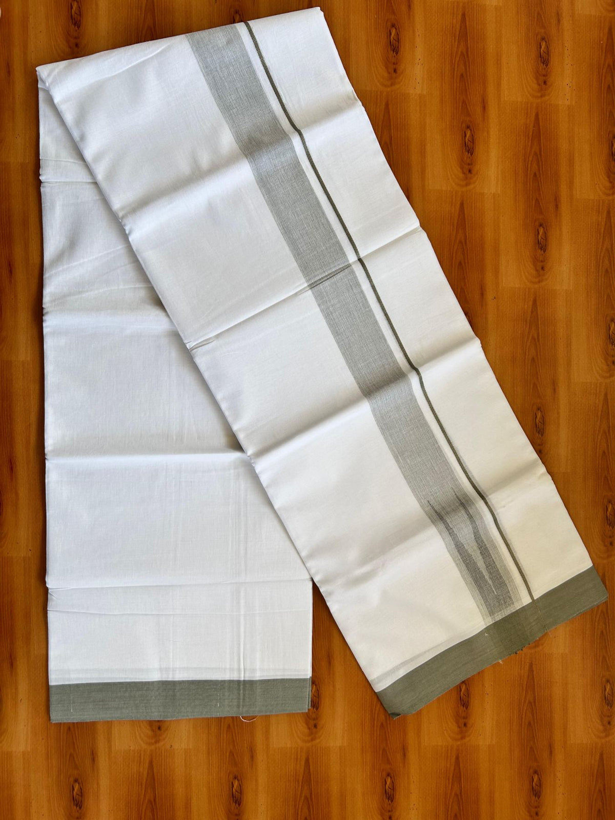 Double Pure White Mundu/Dhoti - 20% Discount !! KaithariKada Balaramapuram 100% Cotton - 100x80 - 1.25 inch Sage Green Silver Kasav Chutty Kara 3.80 mtr (8 muzham) - 15 KK5501 VAS