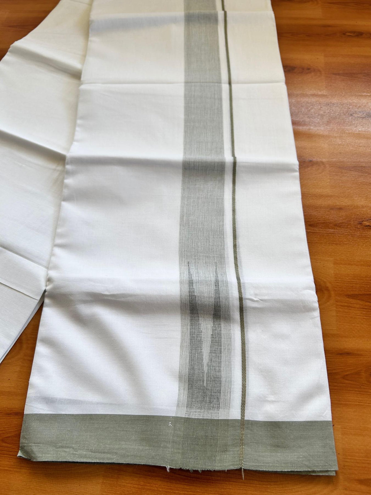 Double Pure White Mundu/Dhoti - 20% Discount !! KaithariKada Balaramapuram 100% Cotton - 100x80 - 1.25 inch Sage Green Silver Kasav Chutty Kara 3.80 mtr (8 muzham) - 15 KK5501 VAS