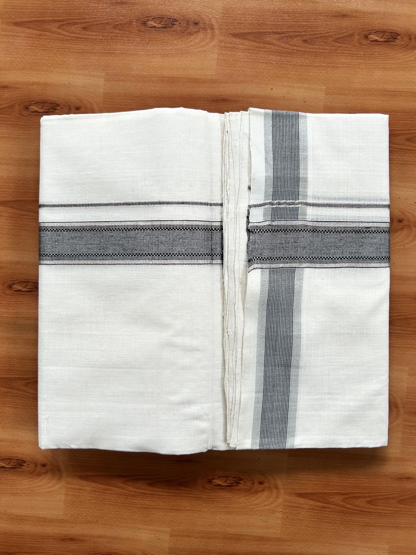 Double Off White (Unbleached) Mundu/Dhoti - 25% Discount! KaithariKada Handloom Unakkupaav Kerala Handloom - Pure Cotton - 80x90 - 1.25 Inch Silver Kasav & Black Striped Kara  4 Mtr (8.5 Muzham) - 12 KK5438 YAR