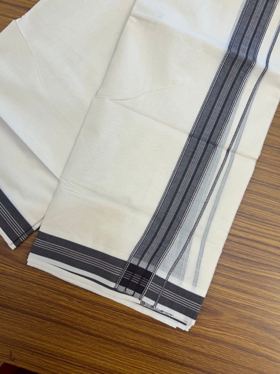 20% Discount ! Kaitharikada Balaramapuram 100% Cotton Off White Double Mundu/Dothi  - 100x80- 1.75 Inch Silver Kasav Brown & Pink Striped Kara - 4mtr (8.5muzham)- 1 KK5292 CKS