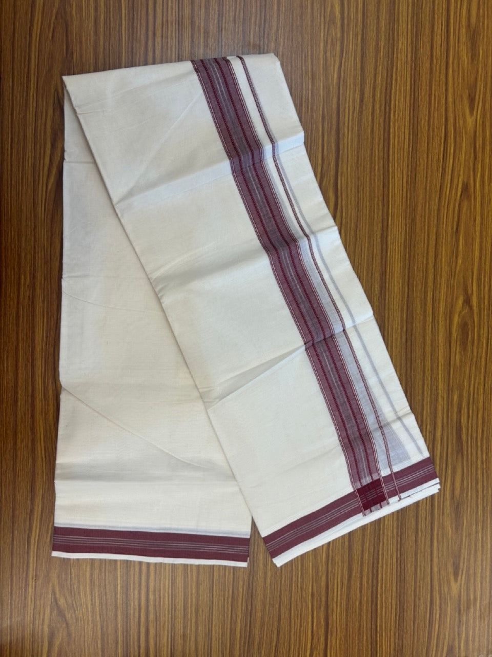 20% Discount ! Kaitharikada Balaramapuram 100% Cotton Off White Double Mundu/Dothi  - 100x80- 1.75 Inch Silver Kasav Maroon & Black Striped Kara - 4mtr (8.5muzham)- 2 KK5292 CKS