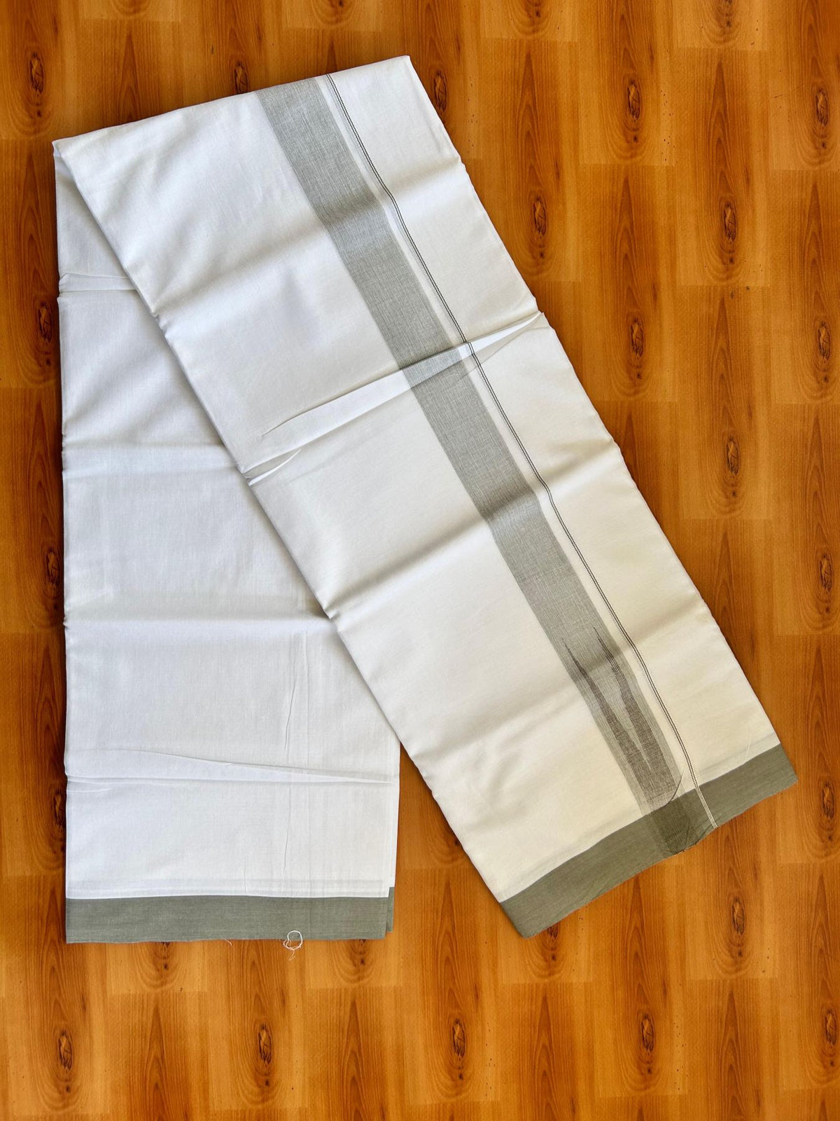 Double Pure White Mundu/Dhoti - 20% Discount !! KaithariKada Balaramapuram 100% Cotton - 100x80 - 1.5 inch Sage Green & Brown Silver Chutty Kara 3.80 mtr (8 muzham) - 3 KK5499 CKS
