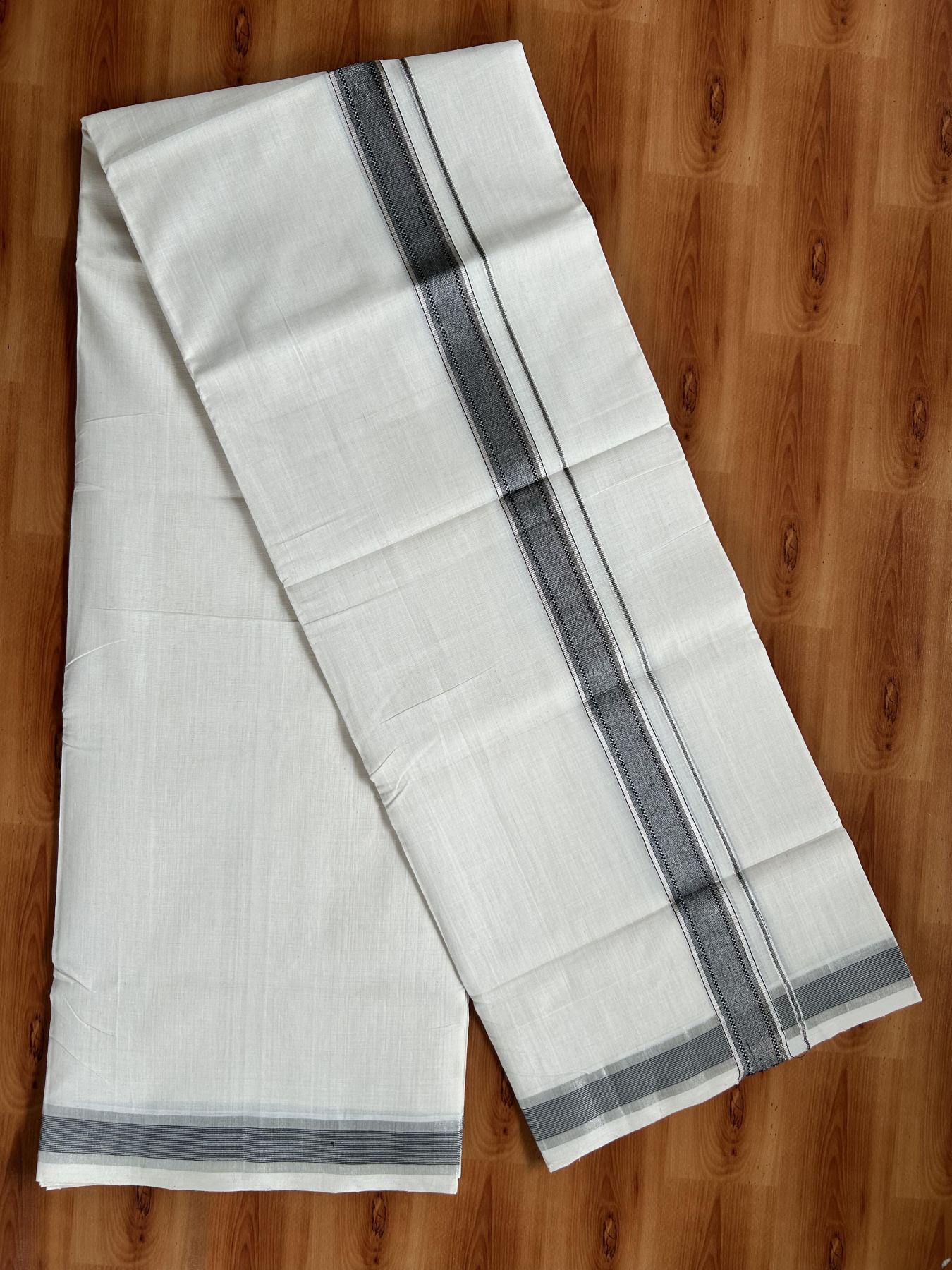 Double Off White (Unbleached) Mundu/Dhoti - 25% Discount! KaithariKada Handloom Unakkupaav Kerala Handloom - Pure Cotton - 80x90 - 1.25 Inch Silver Kasav & Black Striped Kara  4 Mtr (8.5 Muzham) - 12 KK5438 YAR
