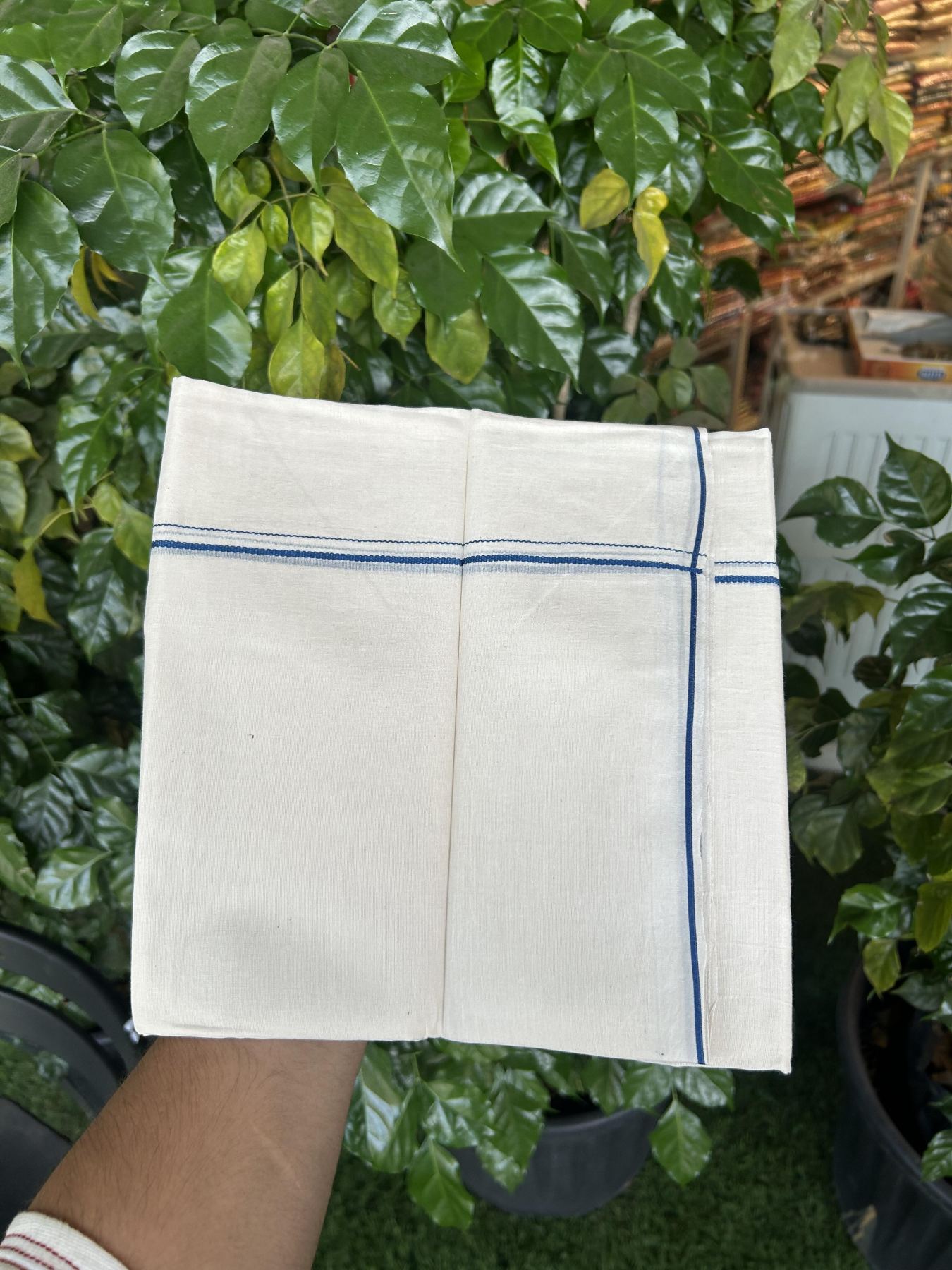 20% Discount! KaithariKada Balaramapuram 100% Cotton Double Off white - (Unbleached) - Mundu/Dhoti - 100x80 - 0.3 cm Dark Peacock Blue Thin Kara 4 mtr (8.5 muzham) - 27 KK5357 VAS
