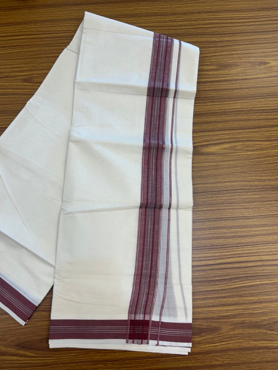 20% Discount ! Kaitharikada Balaramapuram 100% Cotton Off White Double Mundu/Dothi  - 100x80- 1.75 Inch Silver Kasav Maroon & Black Striped Kara - 4mtr (8.5muzham)- 2 KK5292 CKS