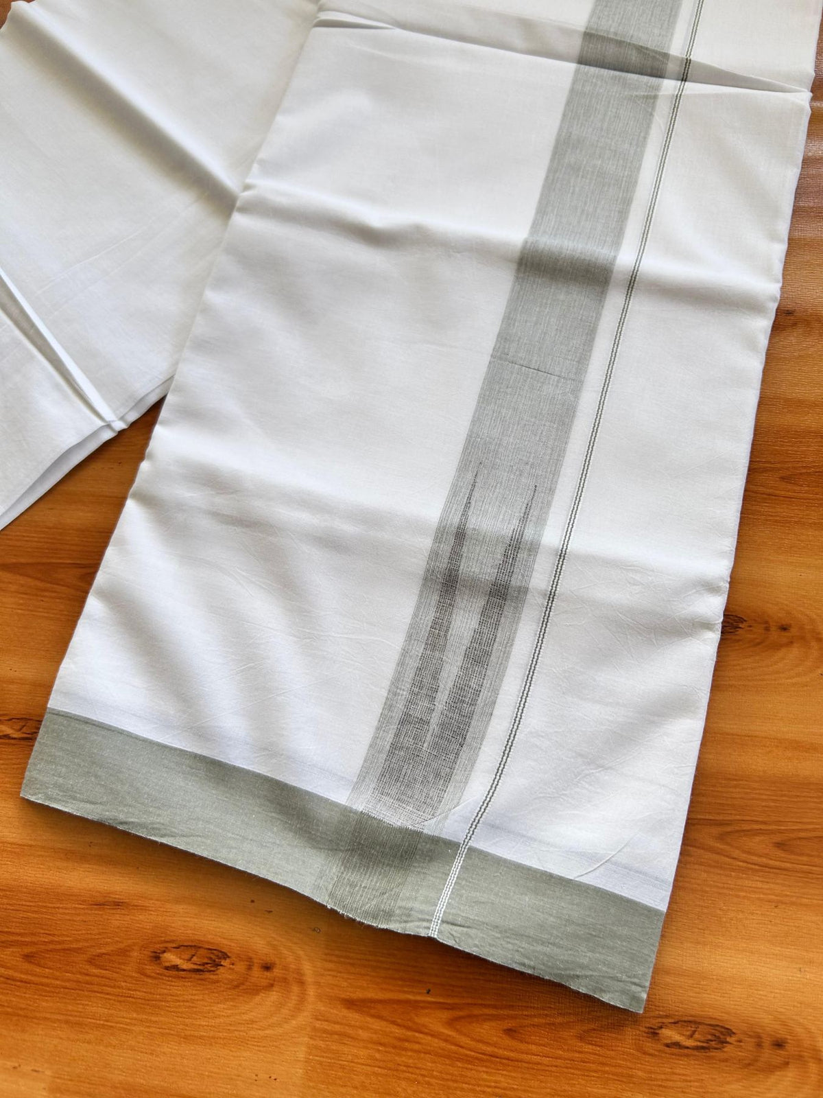 Double Pure White Mundu/Dhoti - 20% Discount !! KaithariKada Balaramapuram 100% Cotton - 100x80 - 1.5 inch Sage Green & Brown Silver Chutty Kara 3.80 mtr (8 muzham) - 3 KK5499 CKS